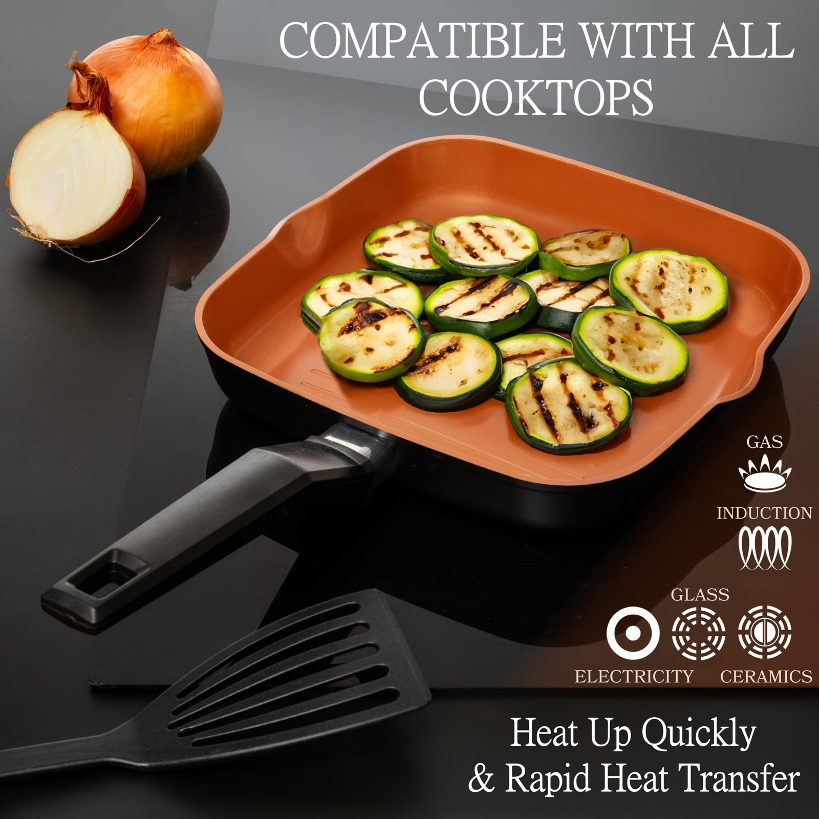 Square Grill Pan For Indoor Cooking 9.5in Frying Pan Copper Nonstick Saute Fry P