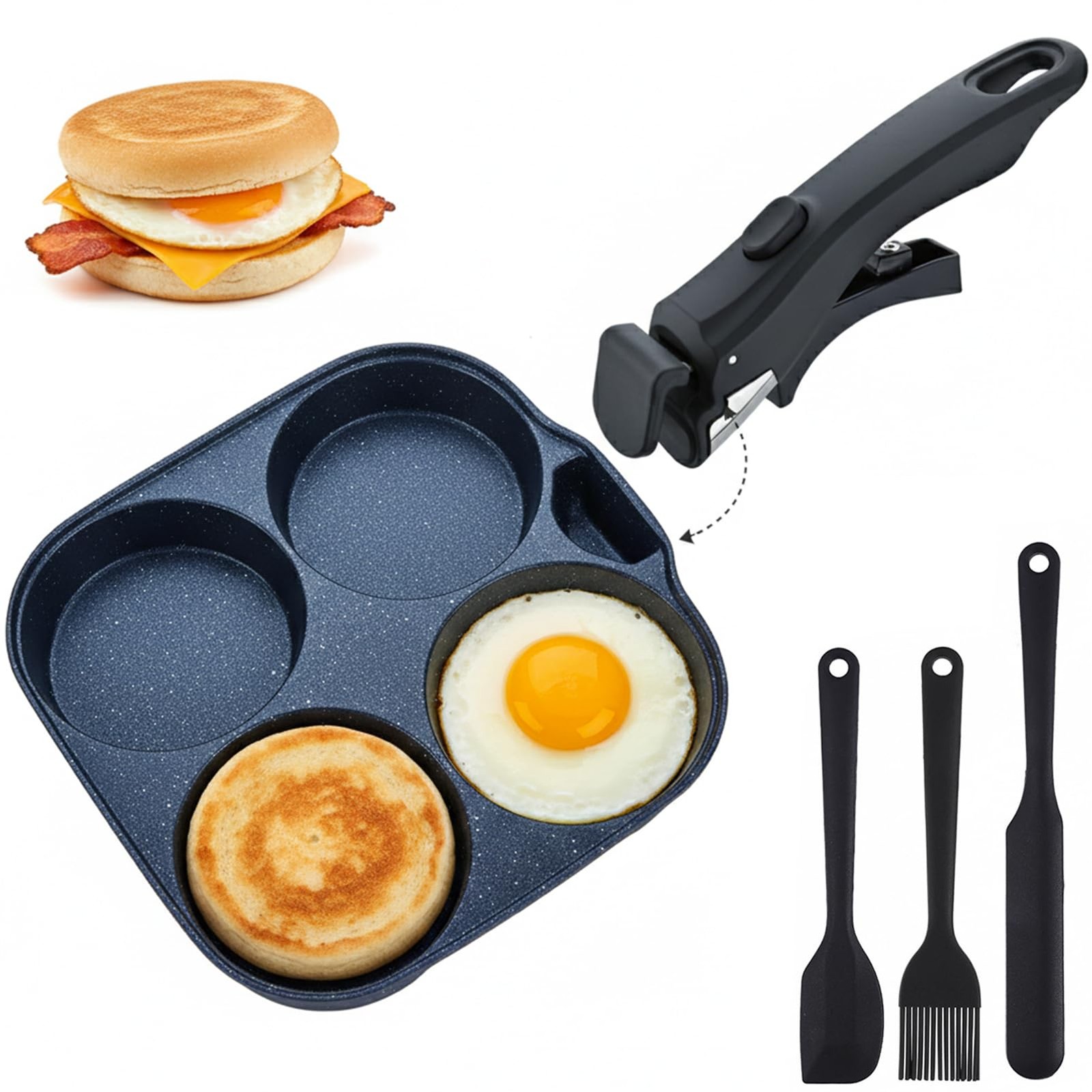 1 PC 4Cup Nonstick Aluminum Omelette Egg Pan Detachable Handle Skillet