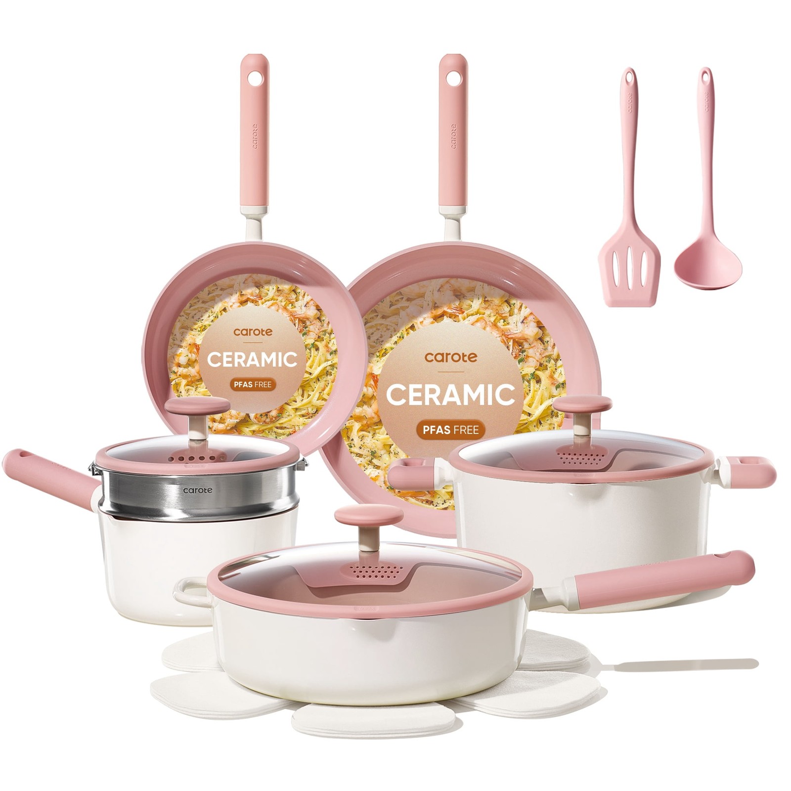 Carote 14-Piece Pots and Pans Set Ceramic Nonstick Cookware Set with Steamer