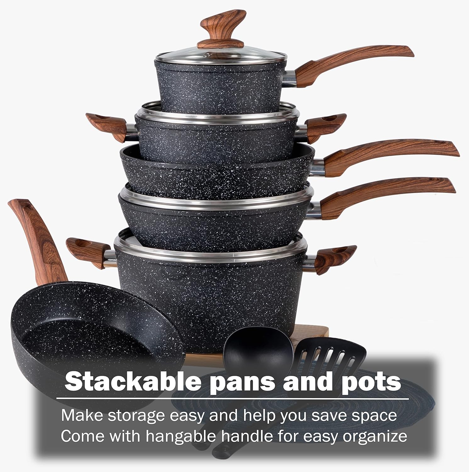 Induction Cookware Sets – 12 Piece Cooking Pan Set, Granite Black Nonstick Po…
