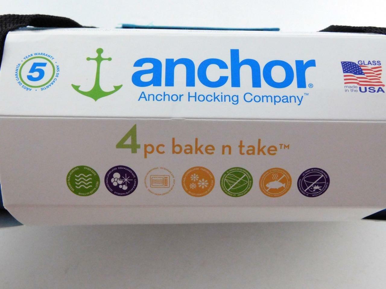 ANCHOR HOCKING 4 PC Bake-N-Take Set Open Box in Package Blue Case