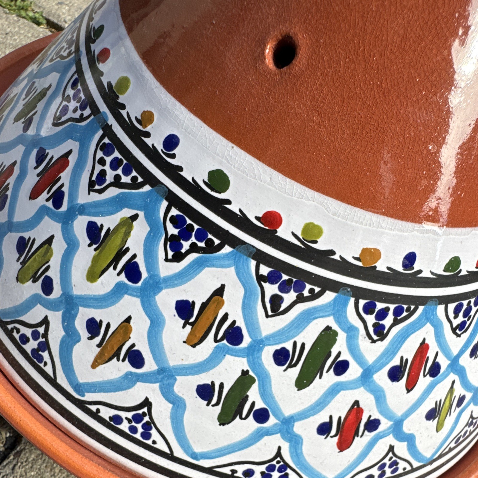 Terracotta Ceramic Tagine w/ Conical Lid Hand-Painted Blue White Multicolor
