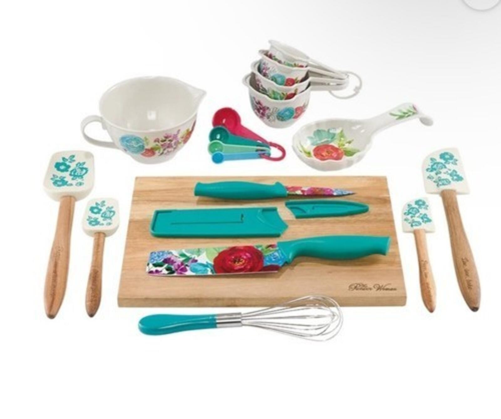 Pioneer Woman Clara 20 Pc Kitchen Gadget Set Wood Board + Utensils