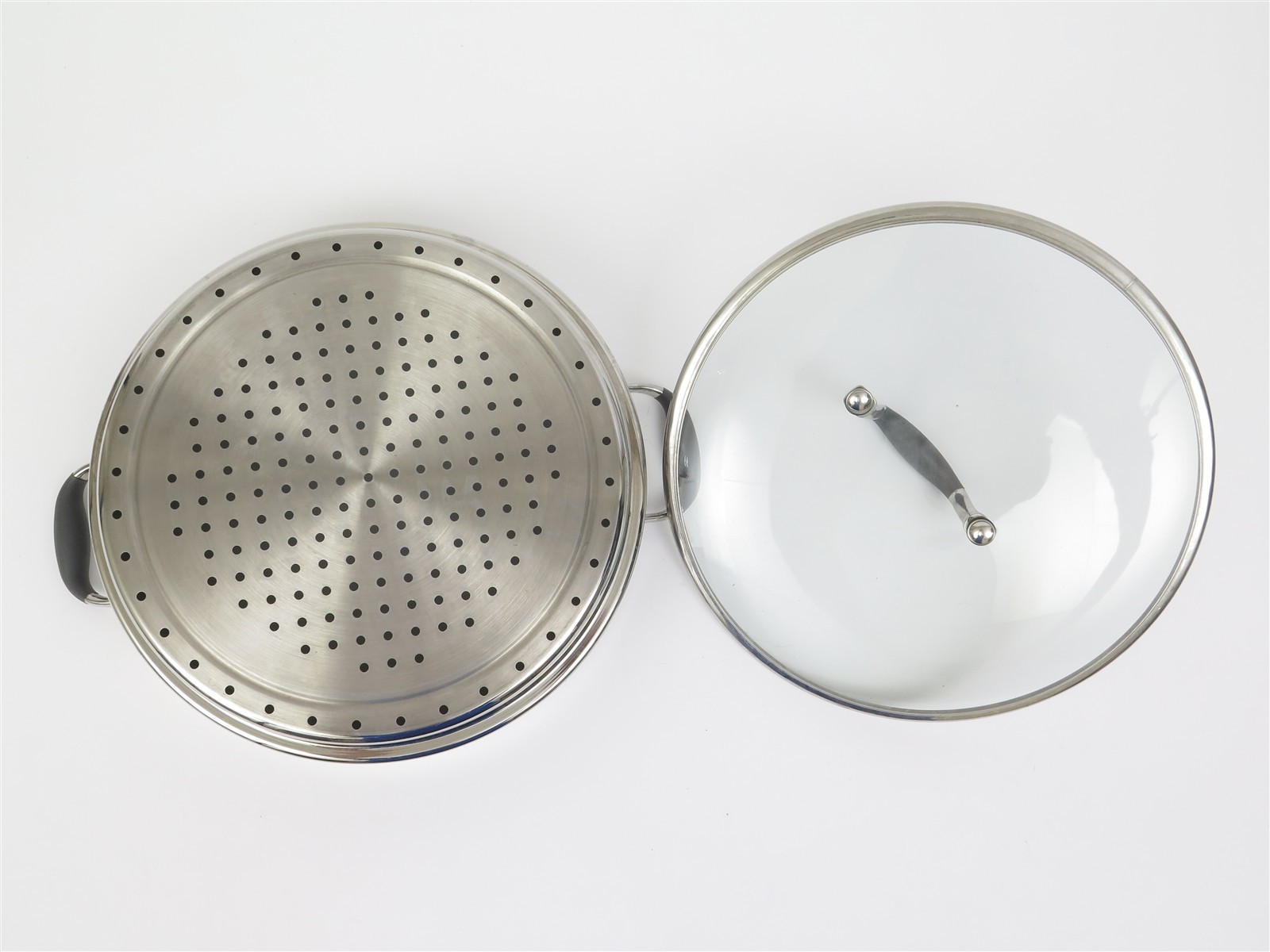 Stainless Steel Steamer Strainer Pot Insert 13″D x 3.5″ H Lid and Two Handles