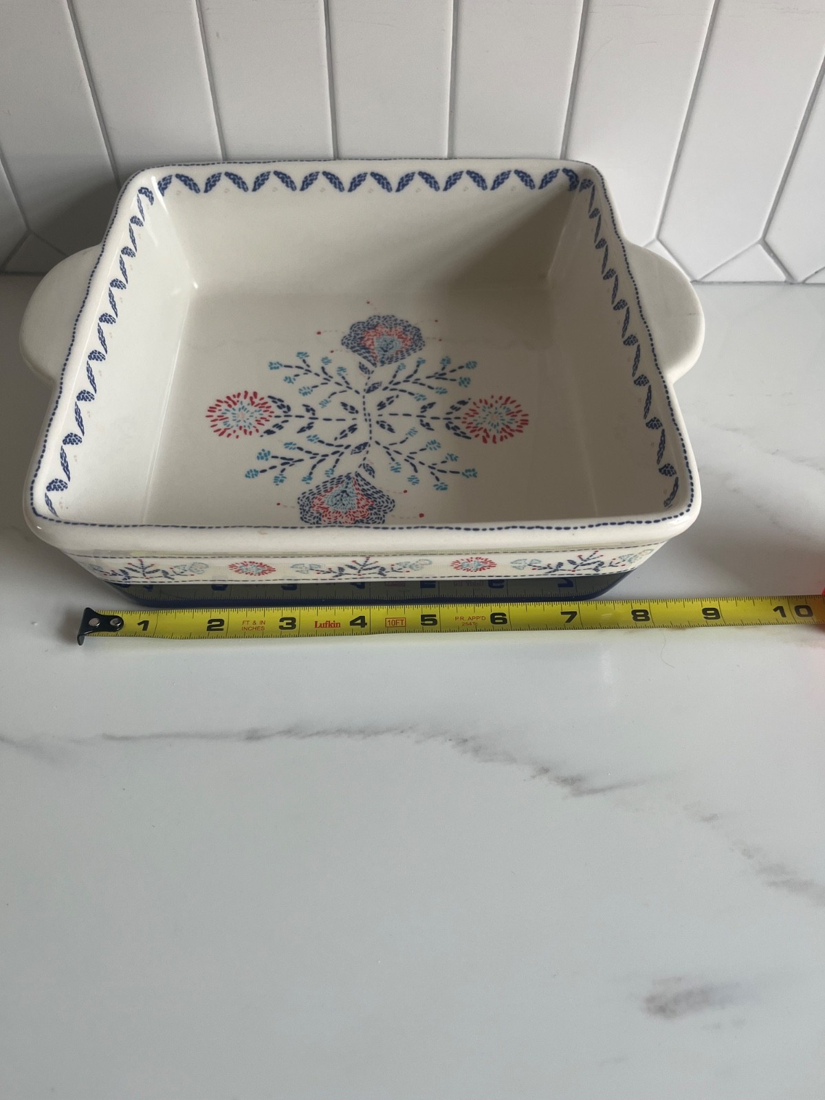 Stoneware Cream Pattern Navy Blue Red Floral Casserole Baking Dish Threshold 8”