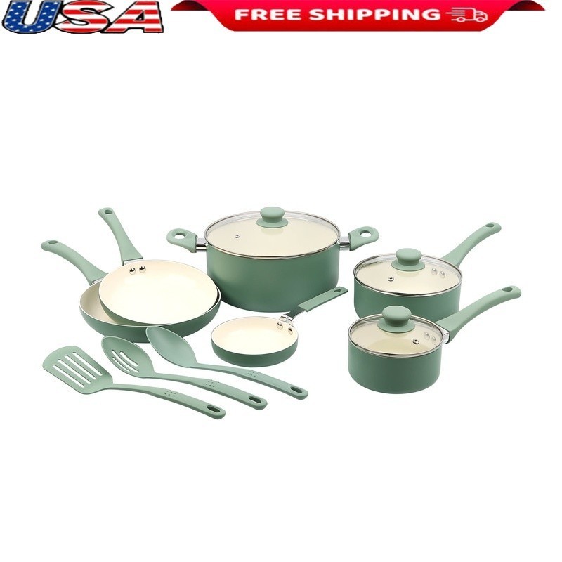 Nonstick Ceramic Cookware Set 12 Pieces Cookware Tools Easy Clean Aluminum New