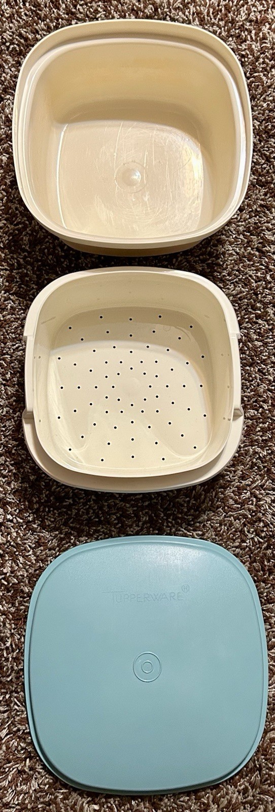VINTAGE Tupperware Smart Multi-Cooker Square Microwave Steamer Dish Teal Ivory
