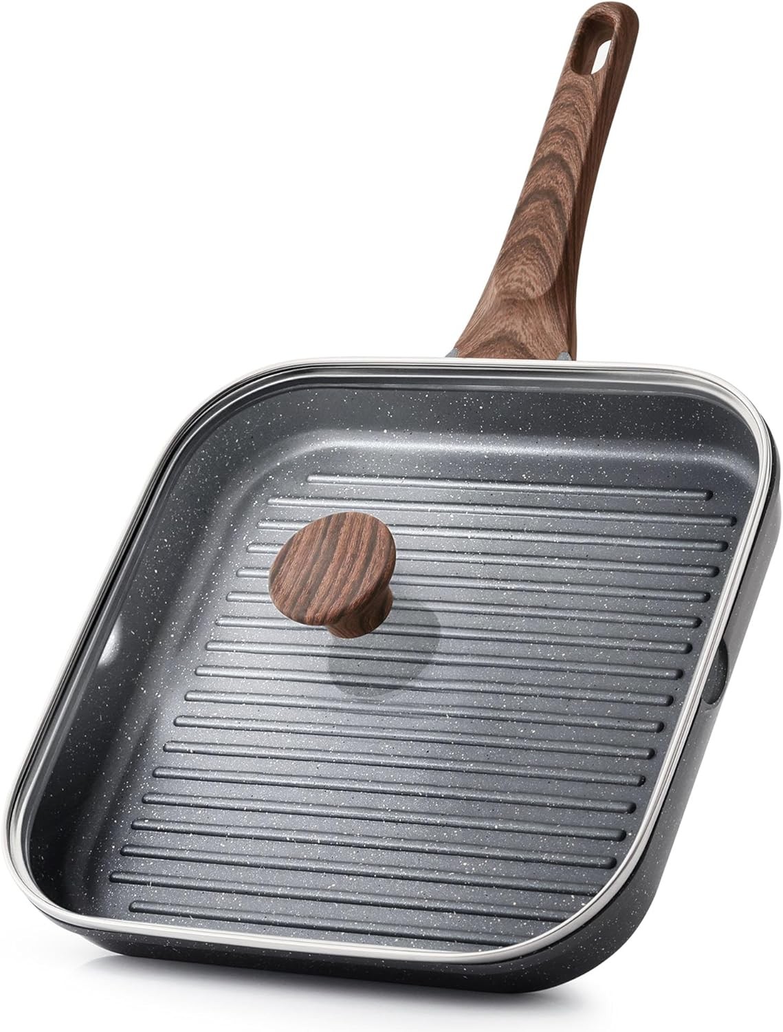 Square Nonstick Grill Pan with Lid Pour Spouts Stovetop Skillet