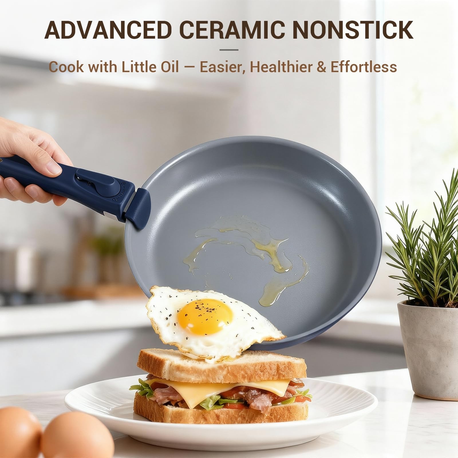 18-Piece Ceramic Pots and Pans Set Non Stick, Non Toxic Cookware Set with Remova