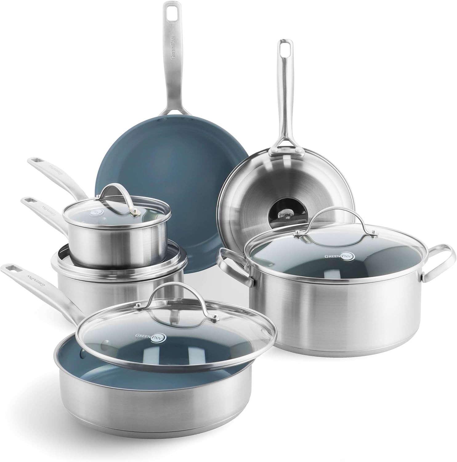 Greenpan Treviso 10 Piece Cookware Set, Non-Toxic Pfas-Free Stainless Steel Cera