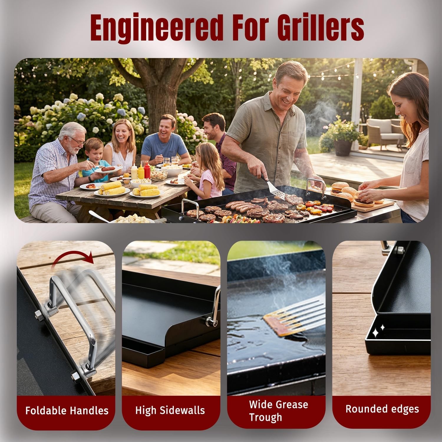25×16 in Carbon Steel Griddle, Ceramic Nonstick Foldable Handle & Anti-Warp Base