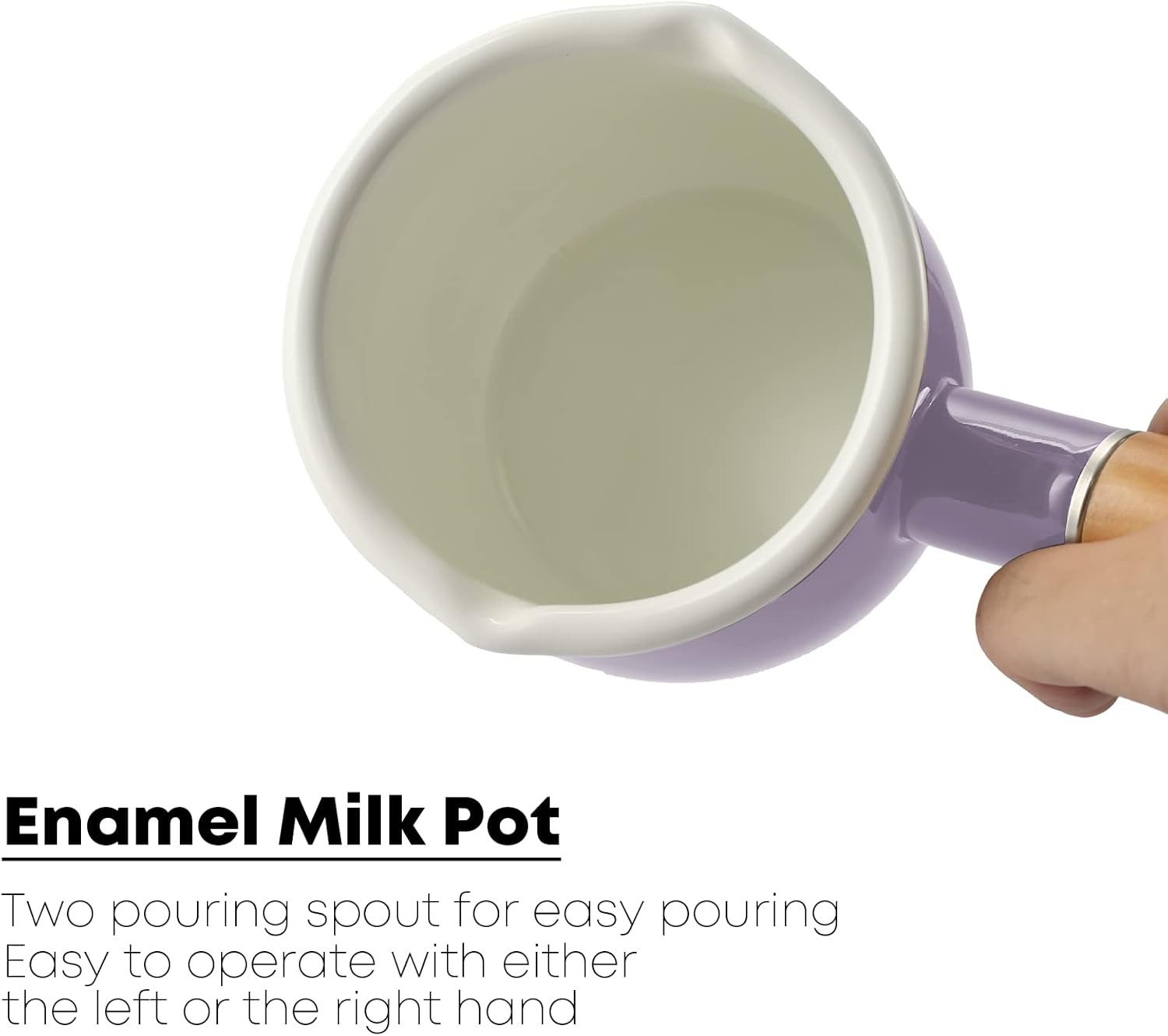 0.6qt Mini Enamel Milk Pot Insulated Wooden Handle 2 Pour Spouts Small Food New