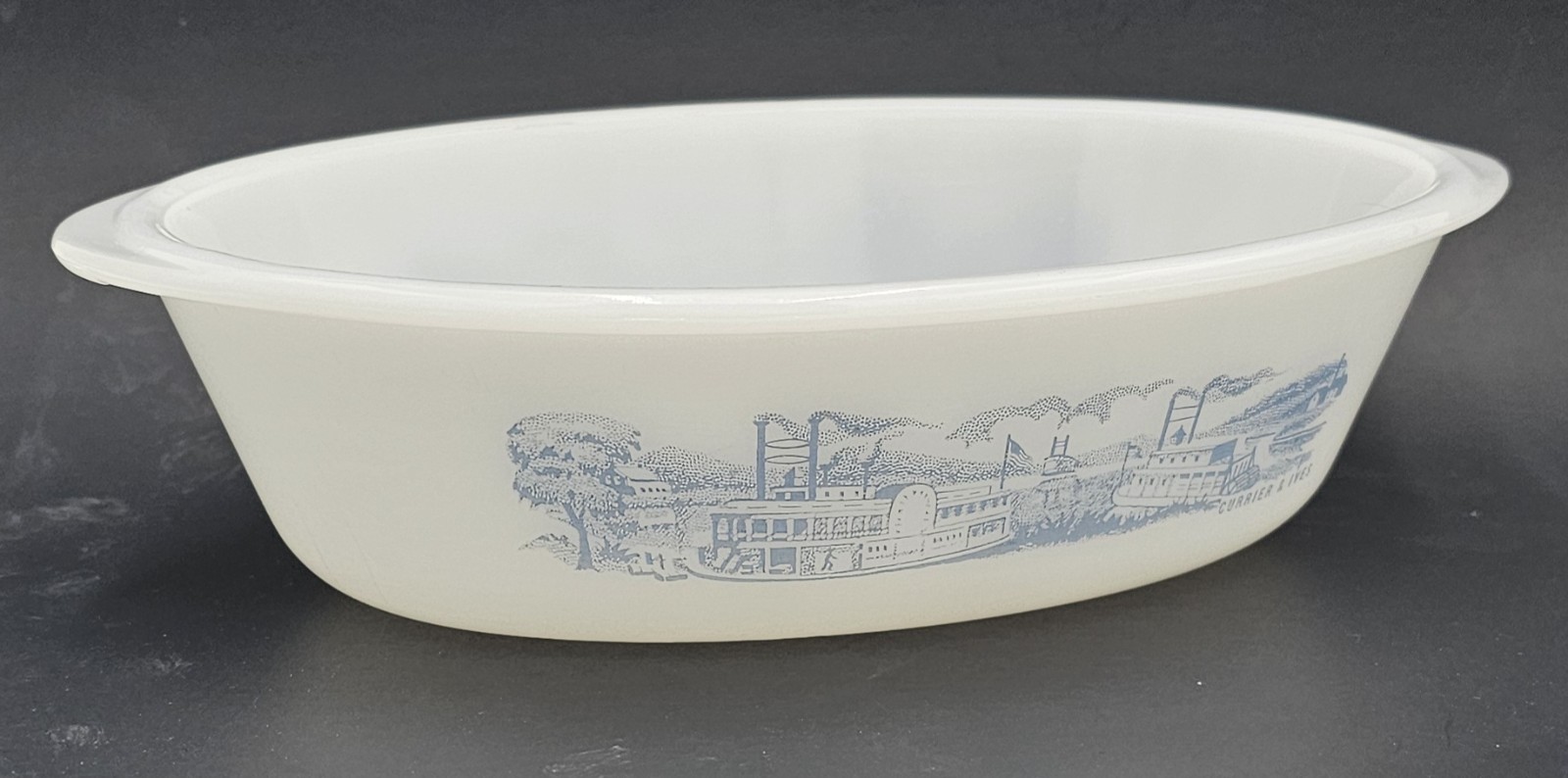 Currier & Ives Milk Glass Oval Riverboats Casserole Dish 1 Qt Glasbake Ovenware