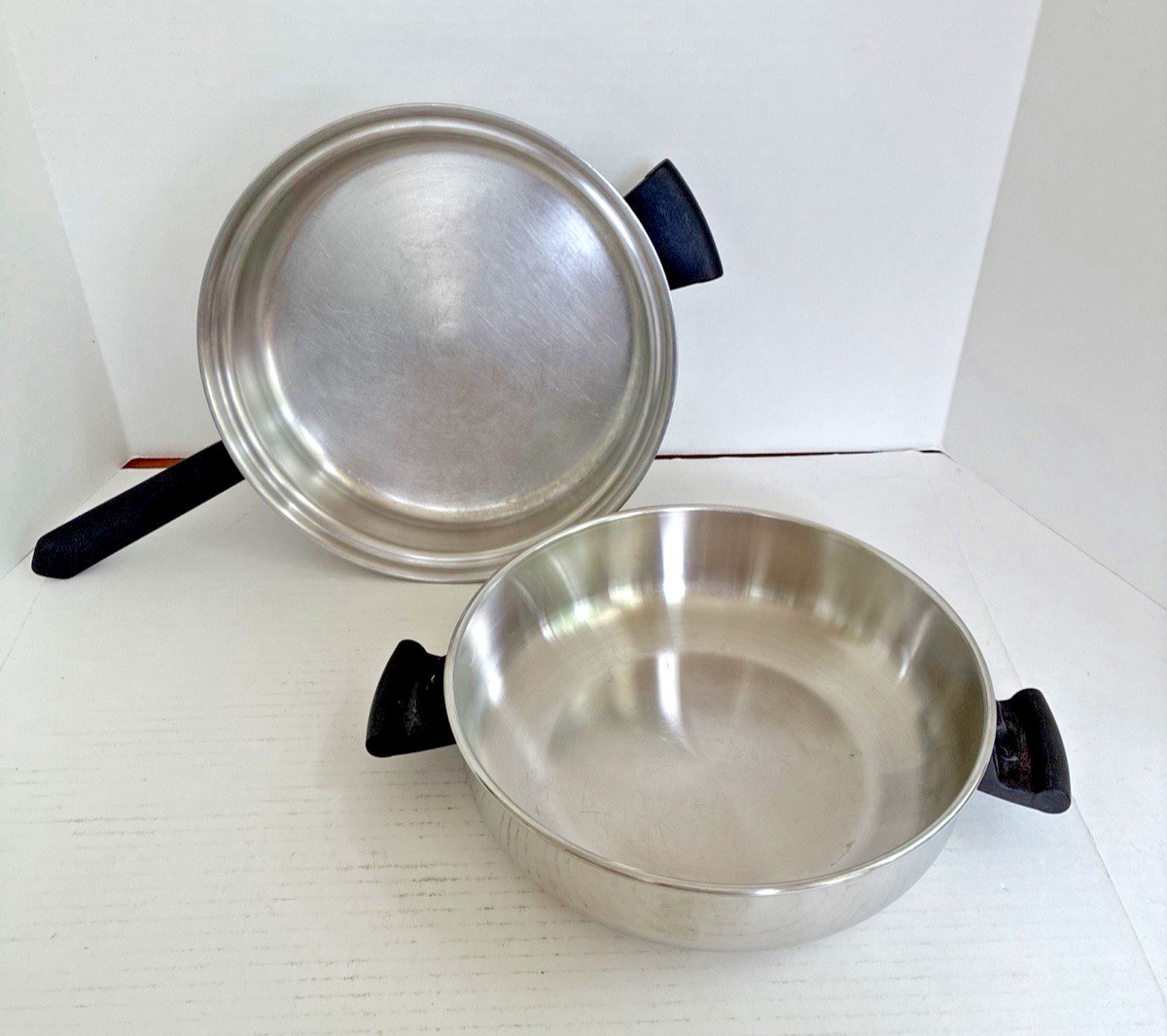 5 PC Amway QUEEN 18 8 SS Multi Ply 6qt Stock Pot Dome 11″ Fry Pan Lid Egg Insert
