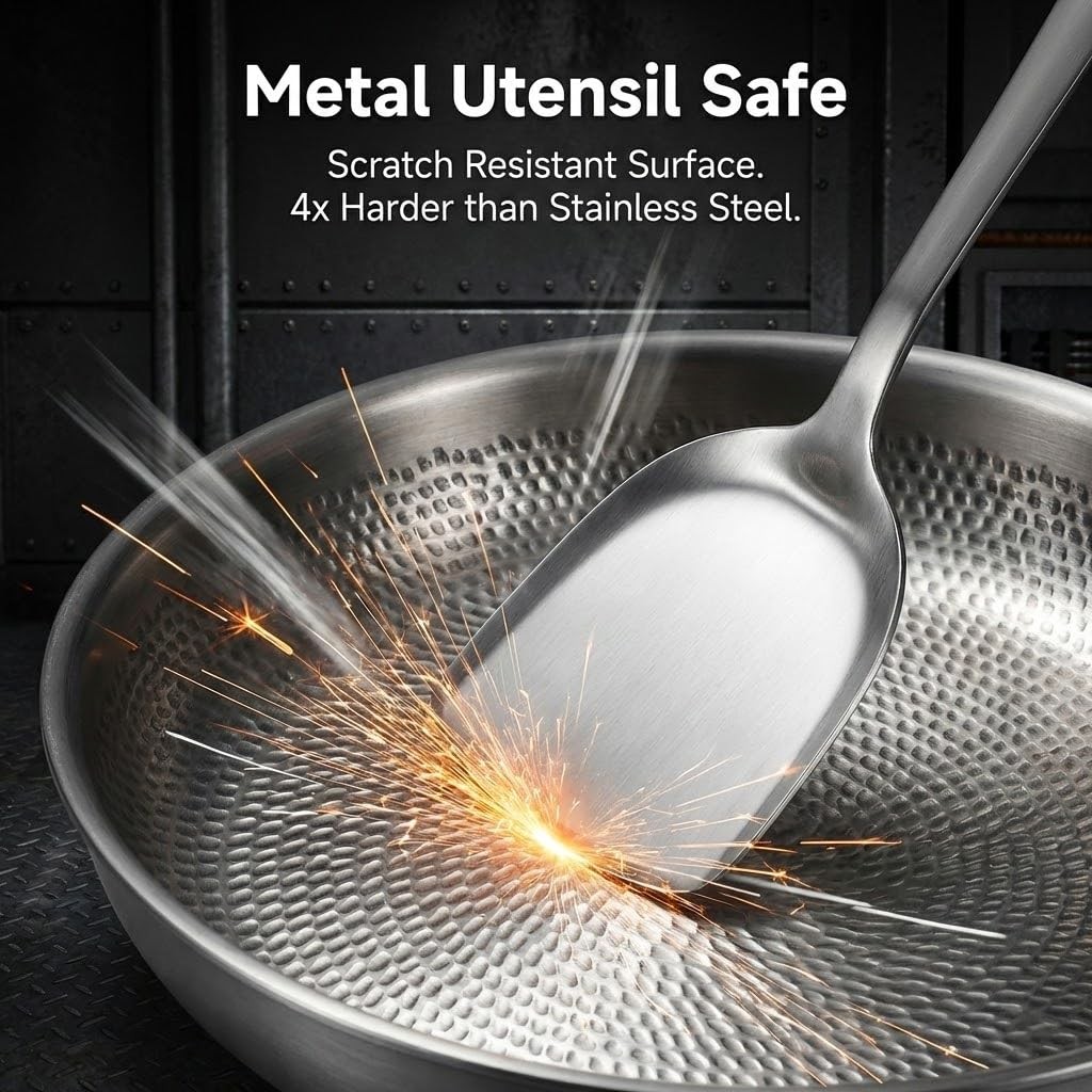 Titanium Frying Pan with Lid, 11.8″ Uncoated Hammered Skillet for Cooking, PFAS/
