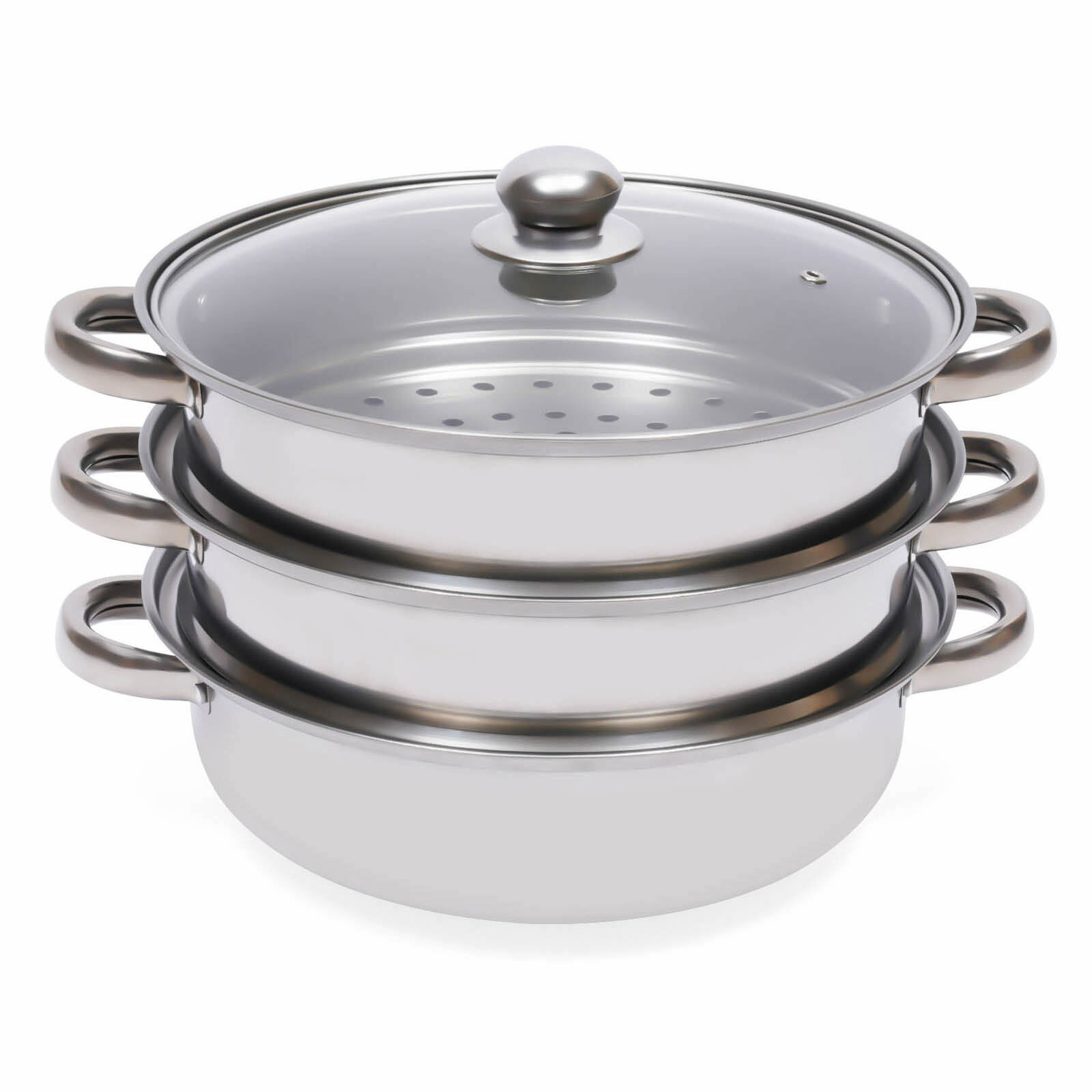 3 Tier Steamer Hot Pot Stainless Steel Cooker Steam Pot Food Cooking + Glass Lid