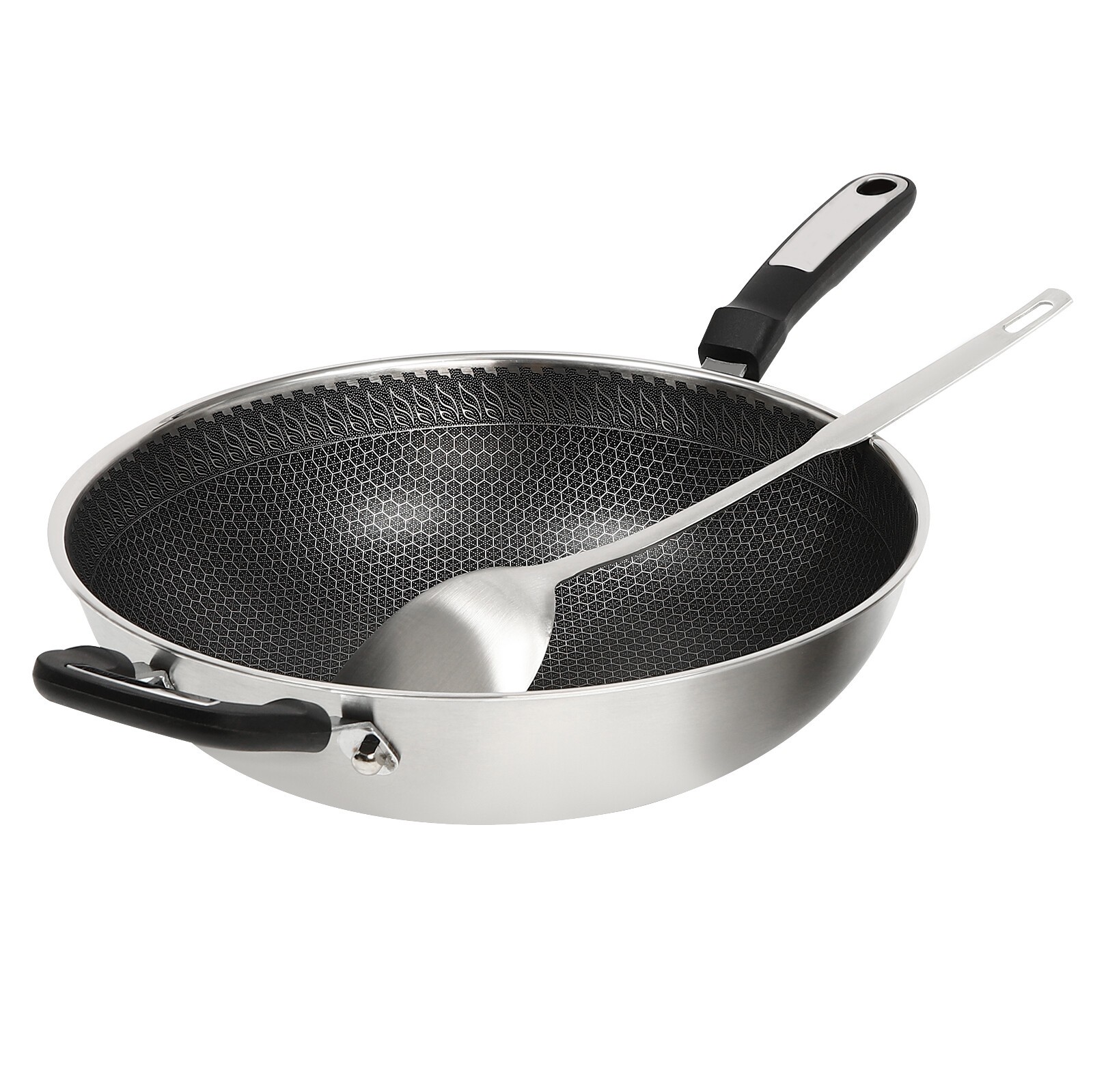 Large Honeycomb Wok Pan with Lid & Stainless Steel Steamer Cooking Pot Nonstick