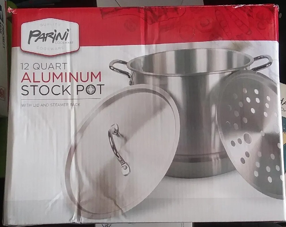 Parini 12 Quart Aluminum Stock Pot With Lid And Steamer Rack