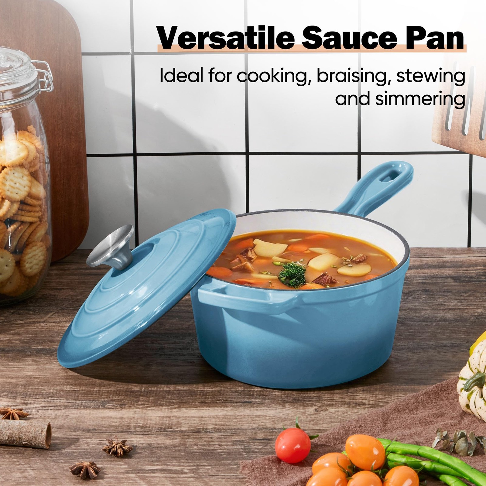 Small 2 QT Enameled Cast Iron Sauce Pan With Lid Dutch Oven Sky Blue Cookware