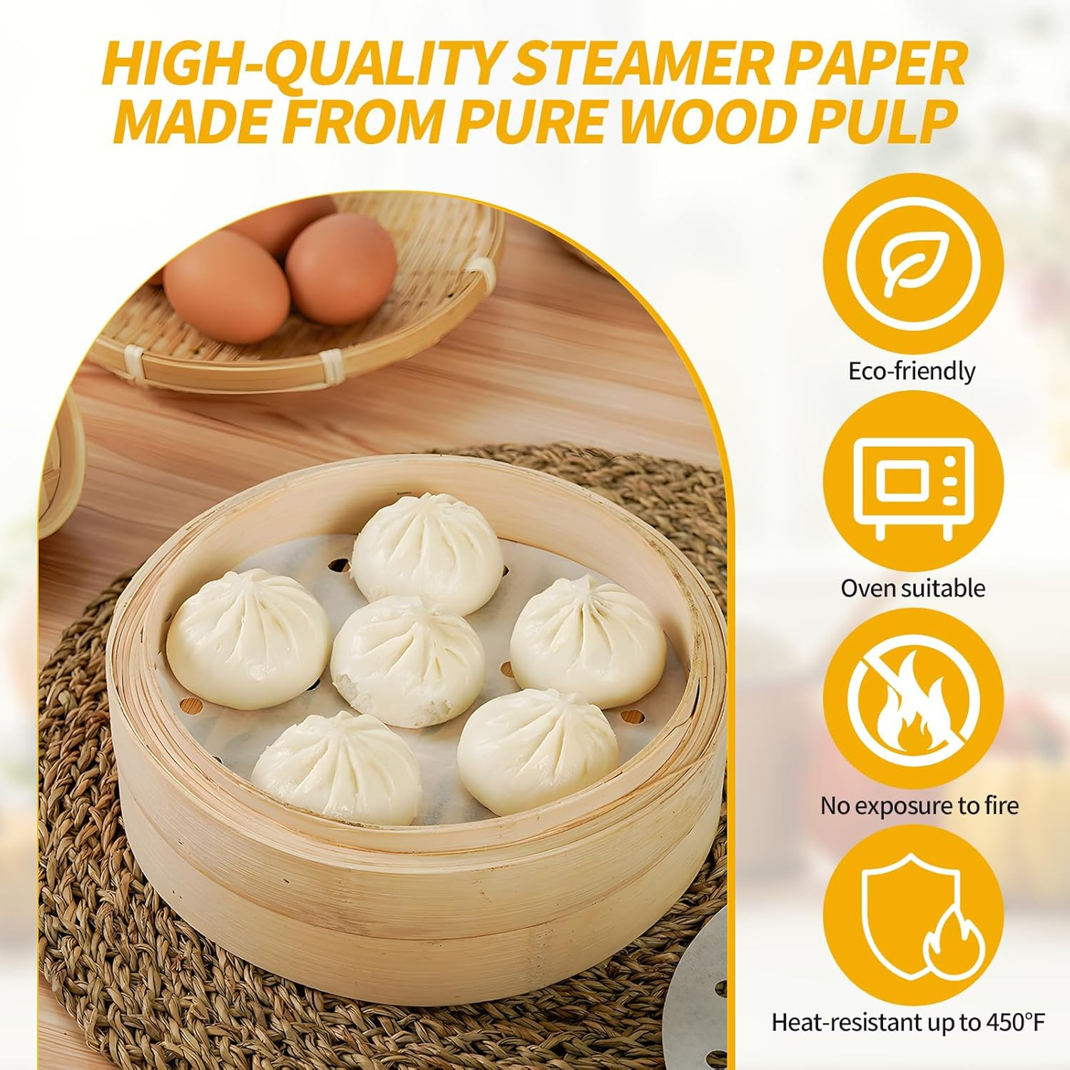 200 PCS Non-Stick Bamboo Steamer Paper, 10″ round Liners with Holes for Steamer