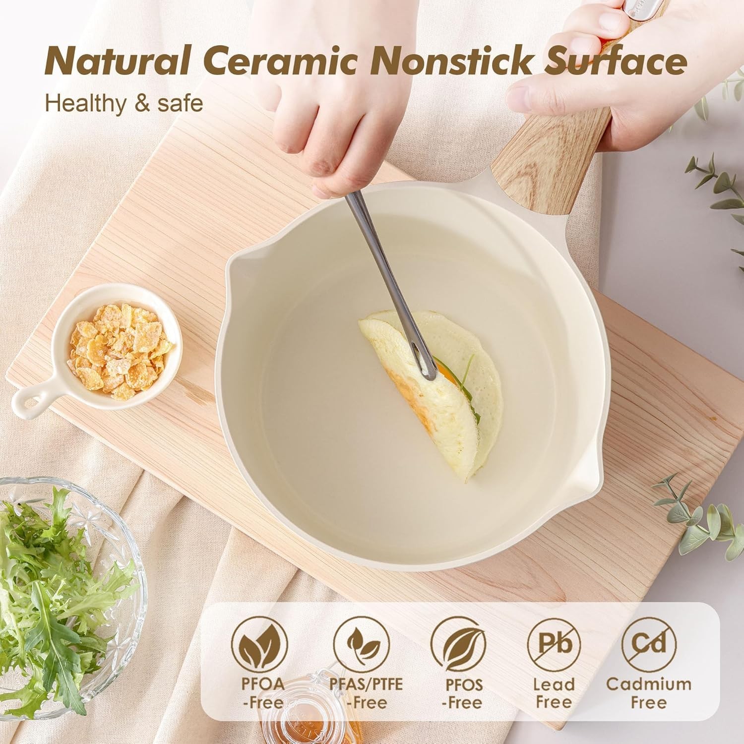 Ceramic Nonstick Sauce Pan with Lid, 1.5 Quart Small Saucepan, White Cooking …
