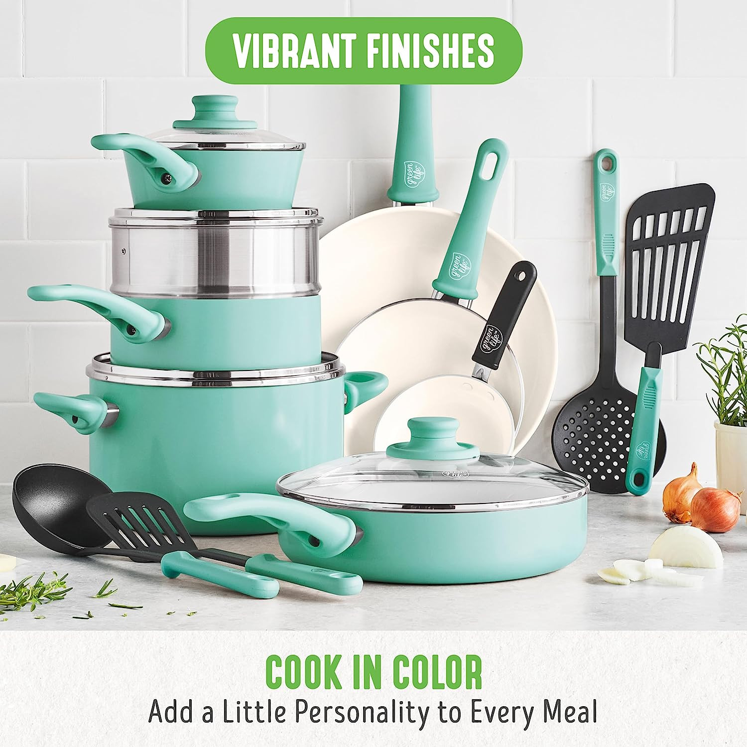 Soft Grip 16 Piece Cookware Set, Non-Toxic Pfas-Free Ceramic Nonstick, Pots, Fry