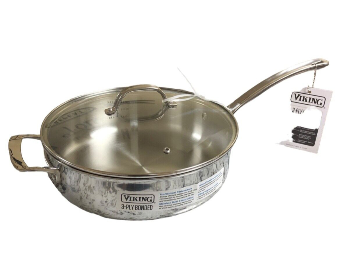 Viking 3-Ply 18/8 Stainless Steel Saute Pan Glass Lid- 5.25 Qt/4.9 L- NWT!