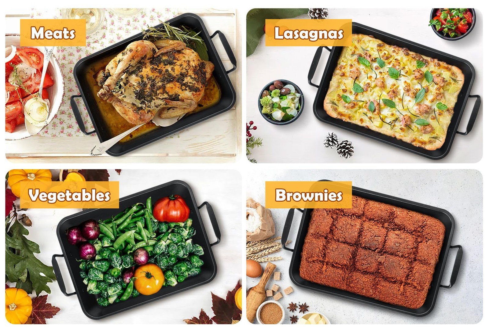 TeamFar Roasting Pan, 14inch Coated Turkey Roaster Lasagna Pan with V-Shaped Rac