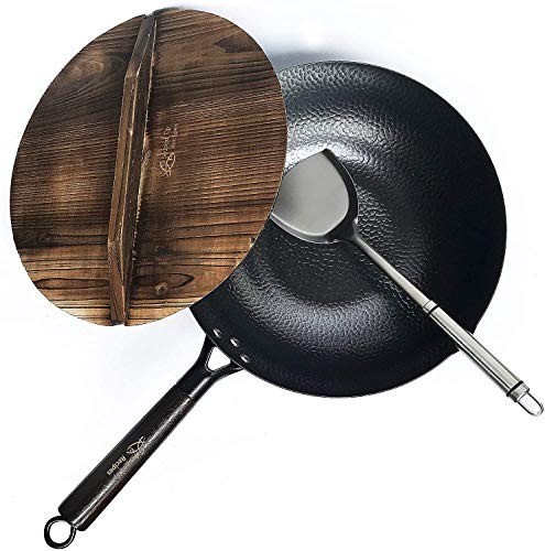 12.5 Inch Carbon Steel Wok Set with Lid Spatula for Electric Gas Induction Co…