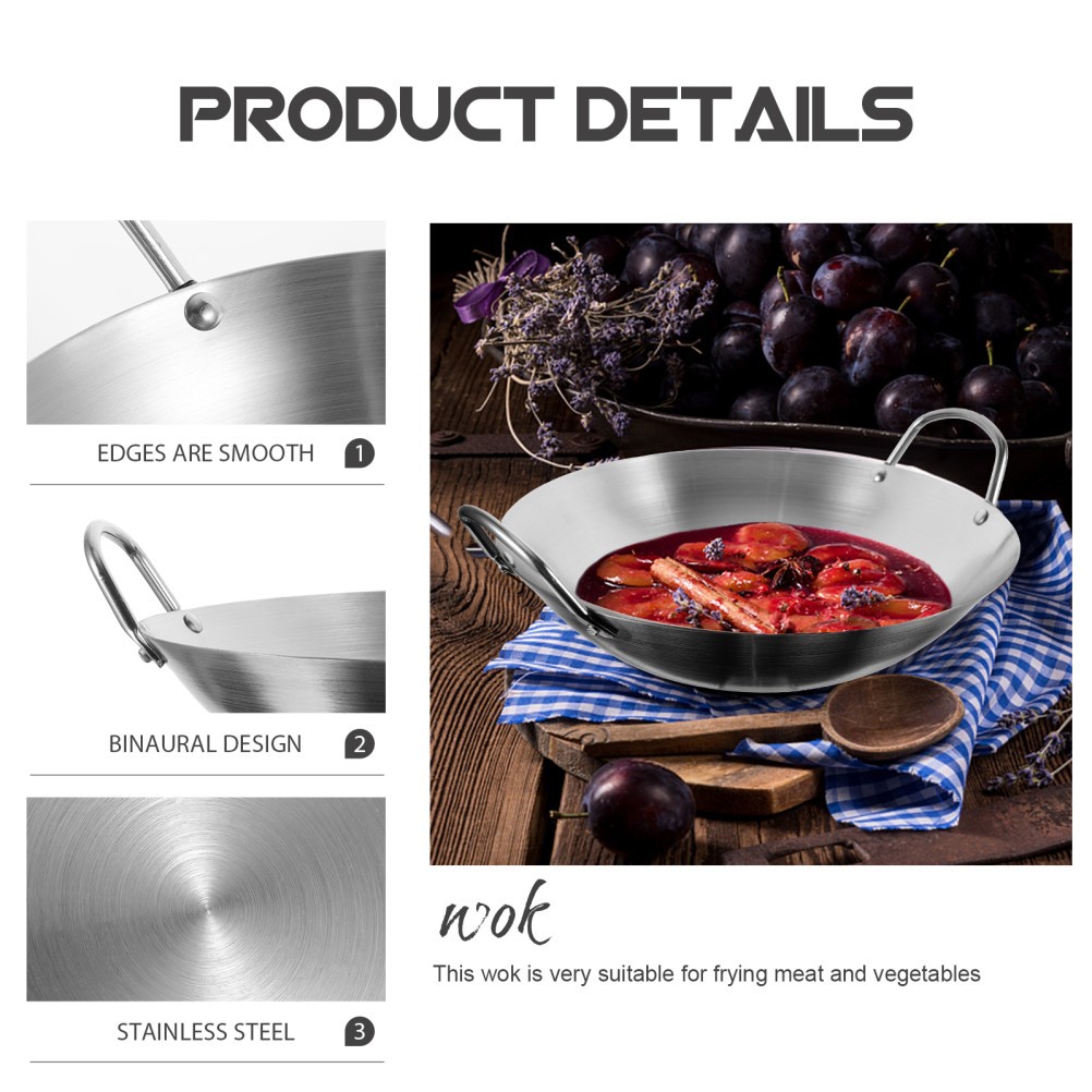 Kitchen Practical Stainless Steel Binaural Wok Frying Pan Cooking Pot 30 cm