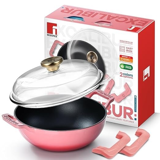 BERGNER Excalibur Cast Iron Kadai Fry Pan Glass Lid 24cm/2.5L Non-Stick Coating