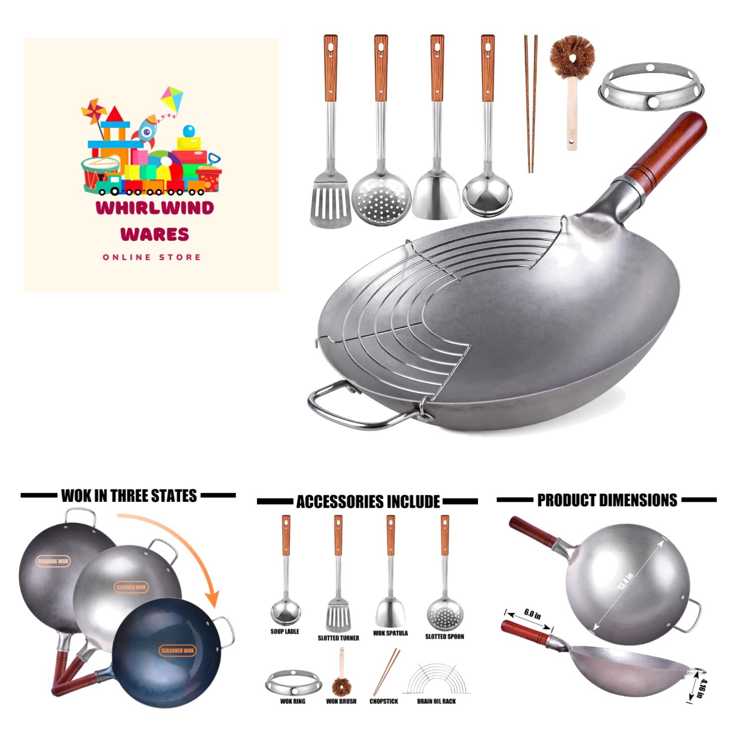 Carbon Steel Wok Traditional Hand Hammered Wok – 13.4″ Chinese Wok Round Bott…