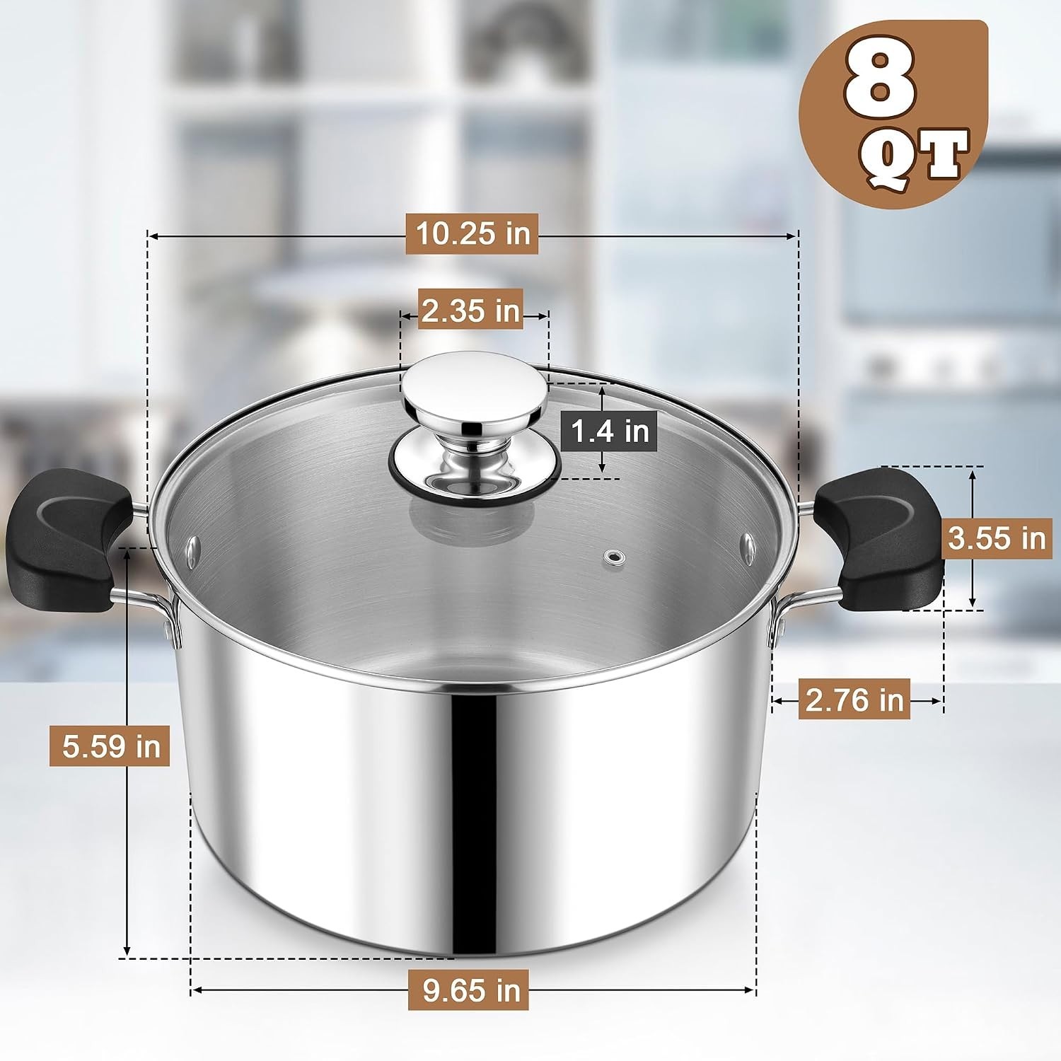 8 Quart 3-Ply Cooking Stock Pot with Lid, Stainless Steel Large Pot for Pasta…