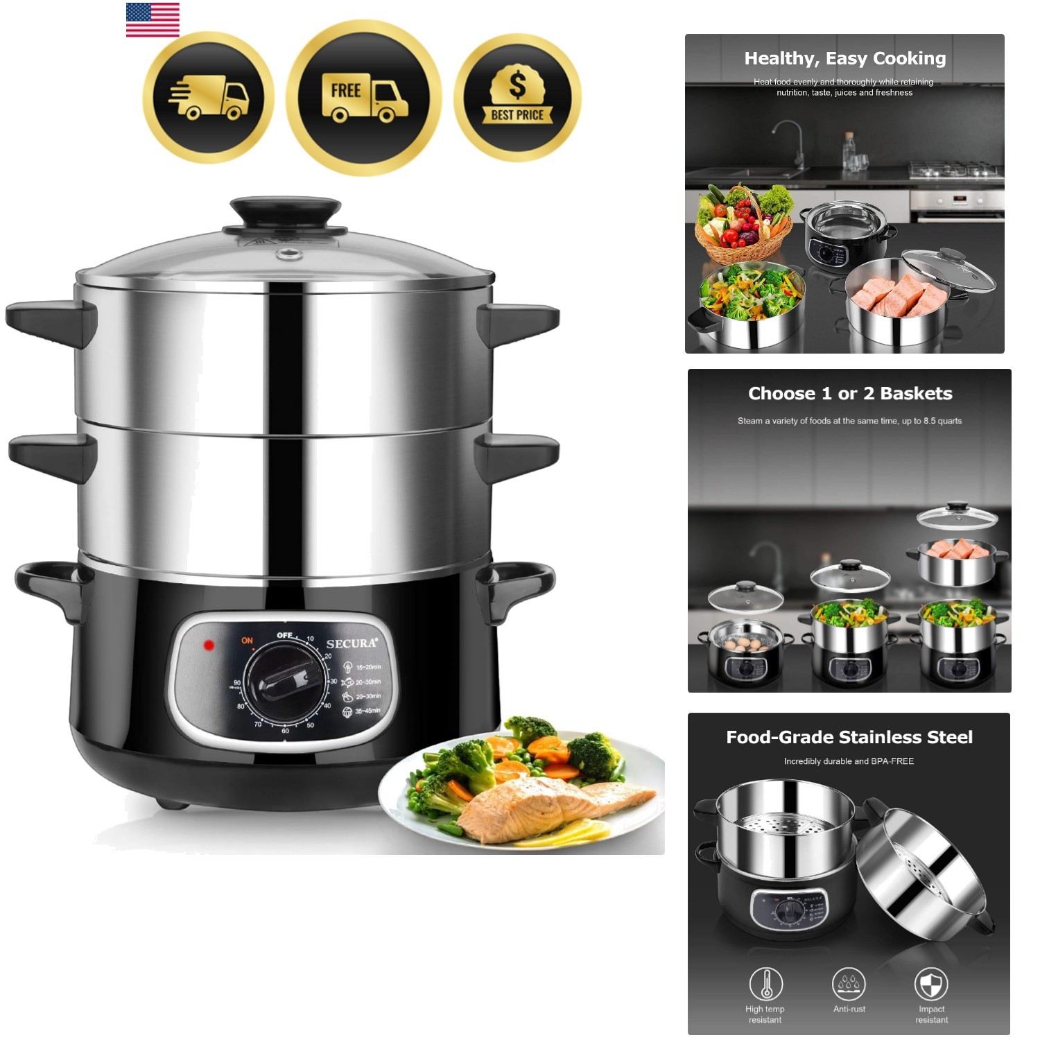 2 Stainless Steel Food Steamer 8.5 Qt Electric Glass Lid Vegetable Steamer Do…