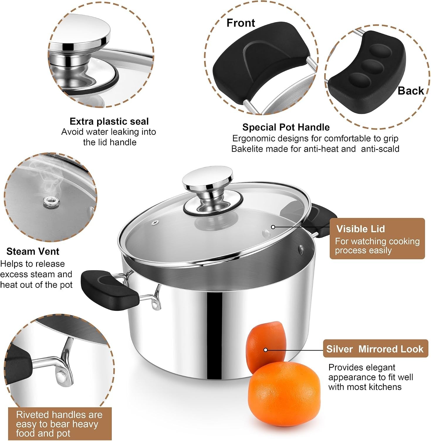 8 Quart 3-Ply Cooking Stock Pot with Lid, Stainless Steel Large Pot for Pasta…