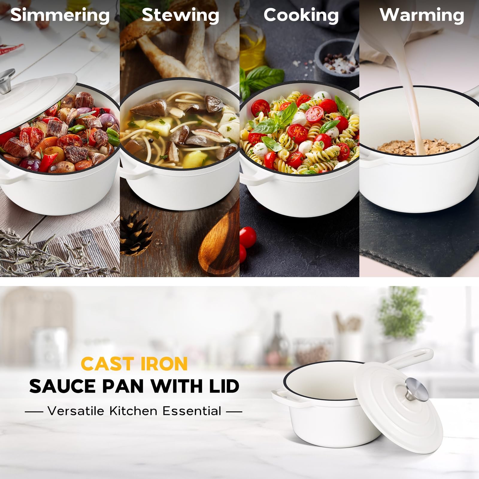 1 QT White Enameled Cast Iron Sauce Pan Dutch Oven Pot With Lid Nonstick