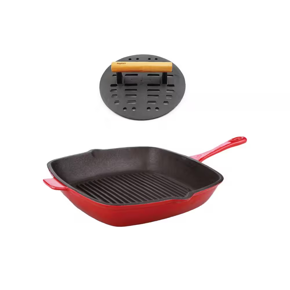 Neo 11 In. Cast Iron Grill Pan in Red with Bacon Press Free Shipping New