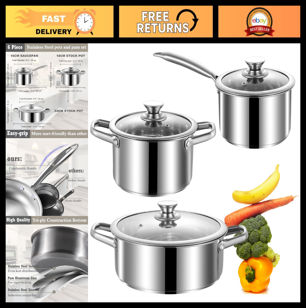 6-Piece Stainless Steel Nonstick Cookware Set – Induction, Gas & Electric Safe,
