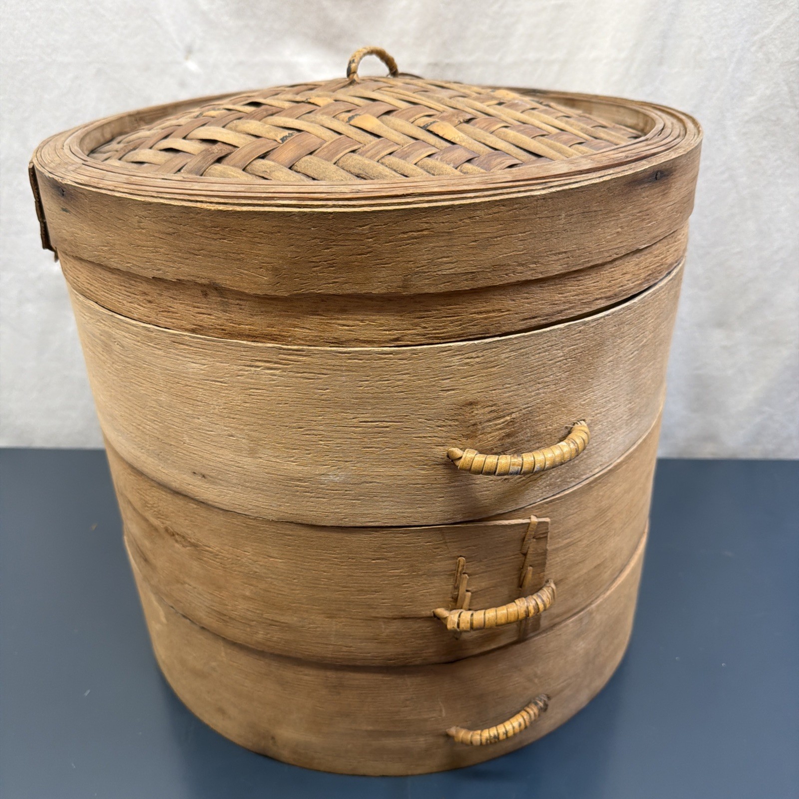 Vintage 3 Tier And Lid Bamboo Steamer Basket 13”x 14” Rustic Asian Dim Sum Fish