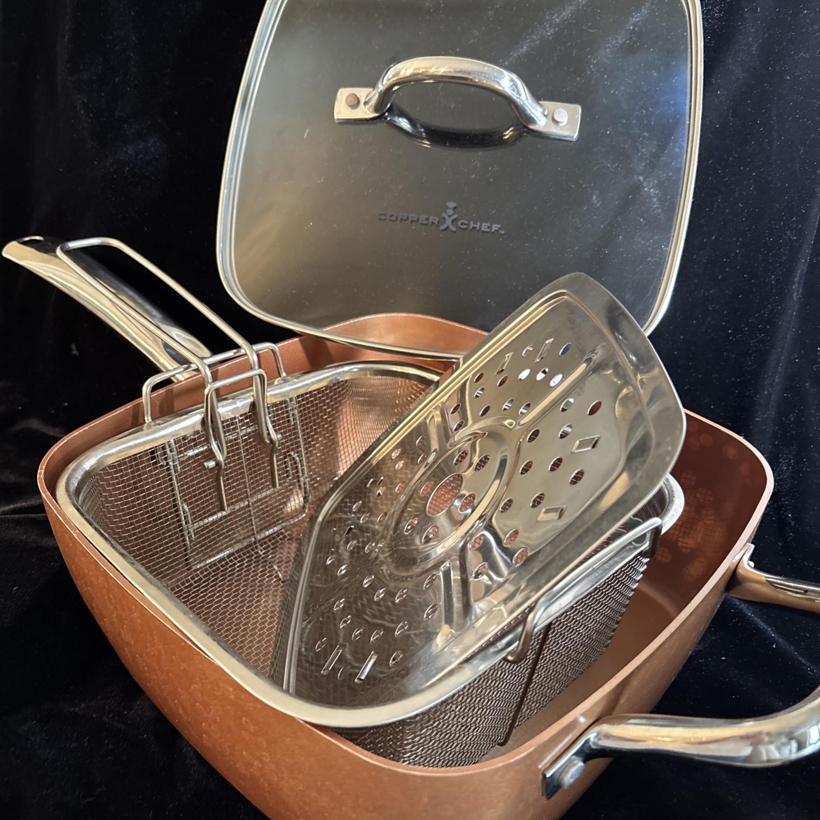Copper Chef 9” Nonstick Deep Square Frying Pan Glass Lid Fry Basket & Steamer