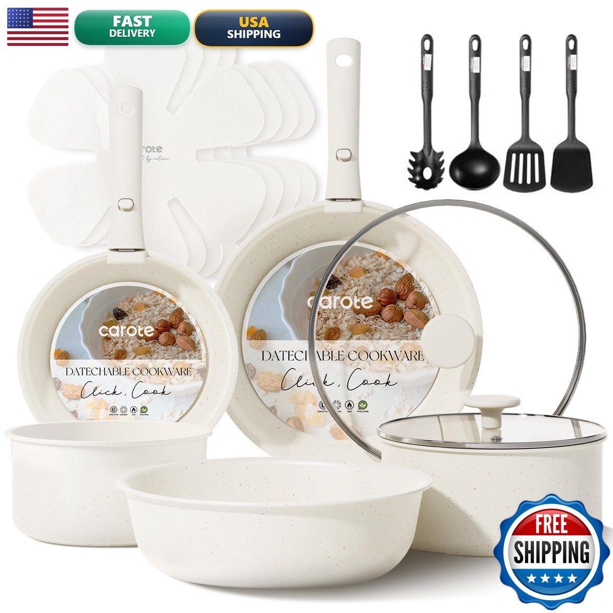 CAROTE 17pcs Pots and Pans Set Nonstick Detachable Handle Induction RV Cookware