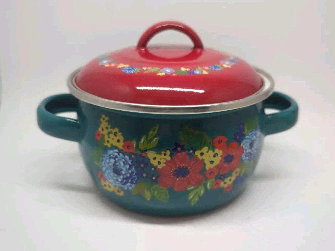 The Pioneer Woman Dazzling Dahlias 1 Qt. Enameled Steel Mini Dutch Oven Teal Red