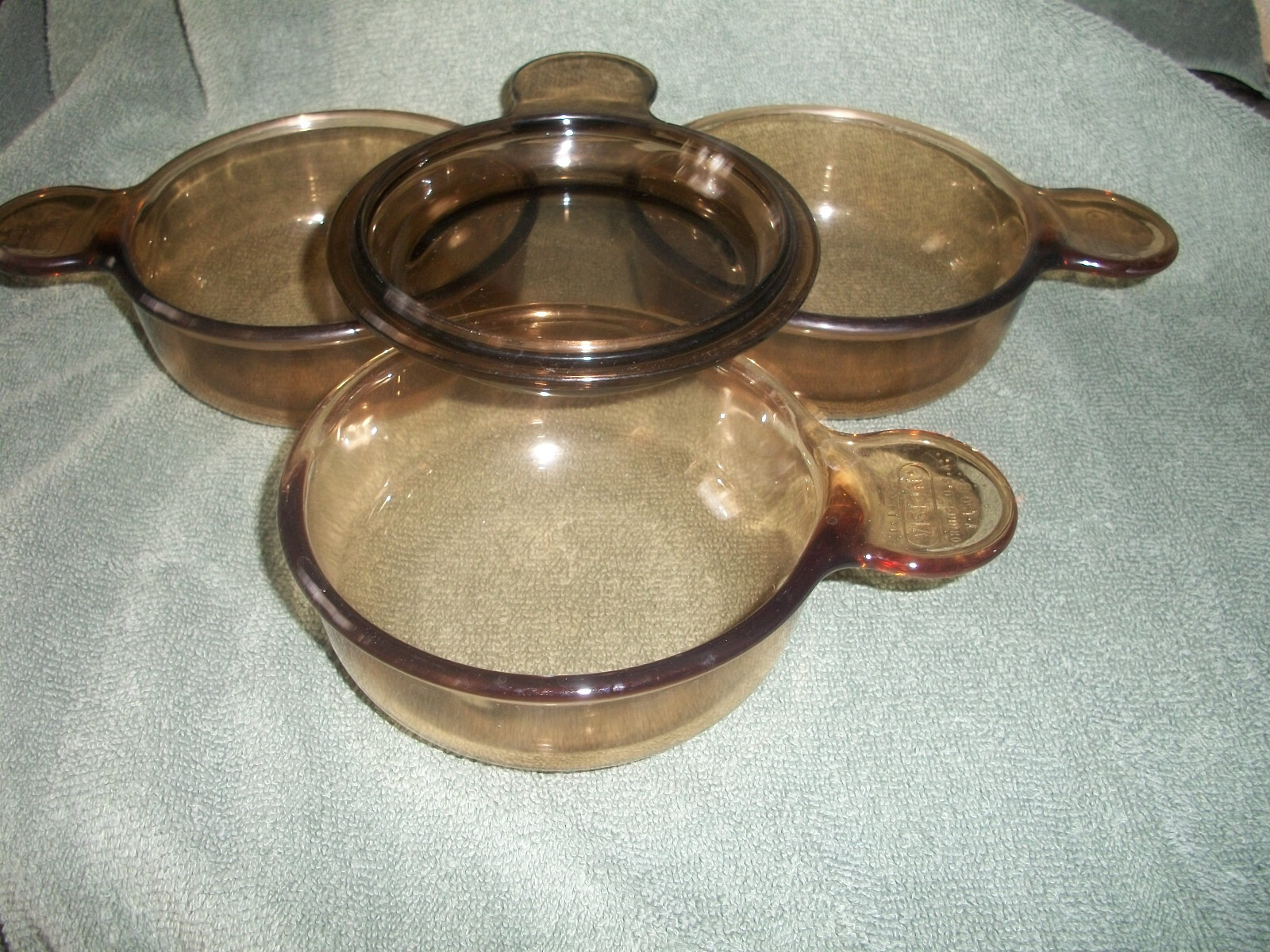 CORNING WARE PYREX VISIONS AMBER BROWN 3 GLASS P150B GRAB IT BOWLS & 1 LID P150C