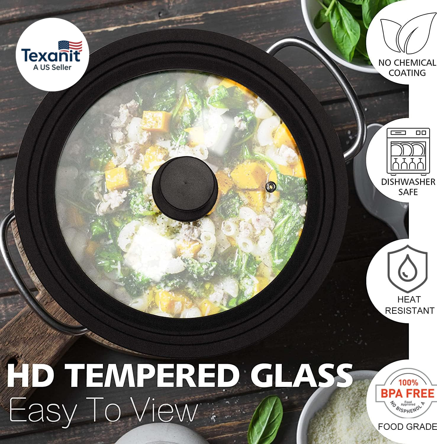 Silicone Universal Lid for Pots, Pans and Skillets – Tempered Glass Covered with