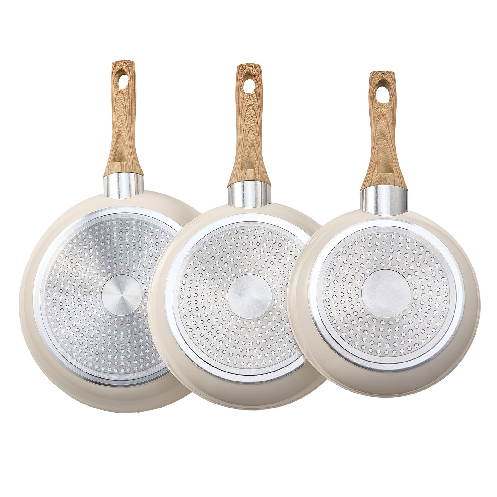 Uimoso 3-Piece Aluminum Frying Pan Set with Handles – 8, 9.5, 11 Inches, Beige