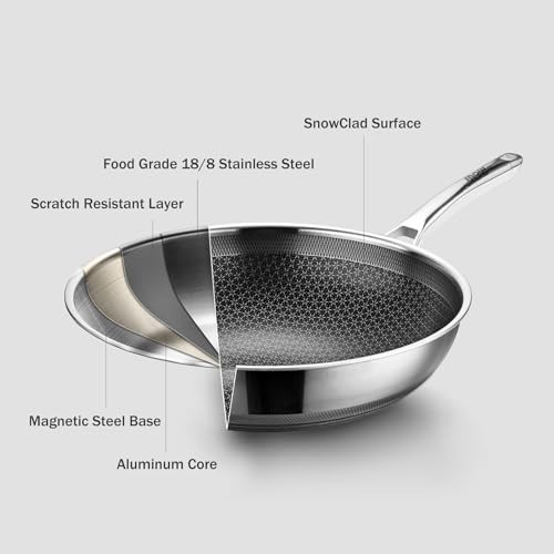 SNOWCLAD Tri-Ply Frying Pan Stainless Steel Nonstick Pan W/Lid Hybrid Woks, 13″