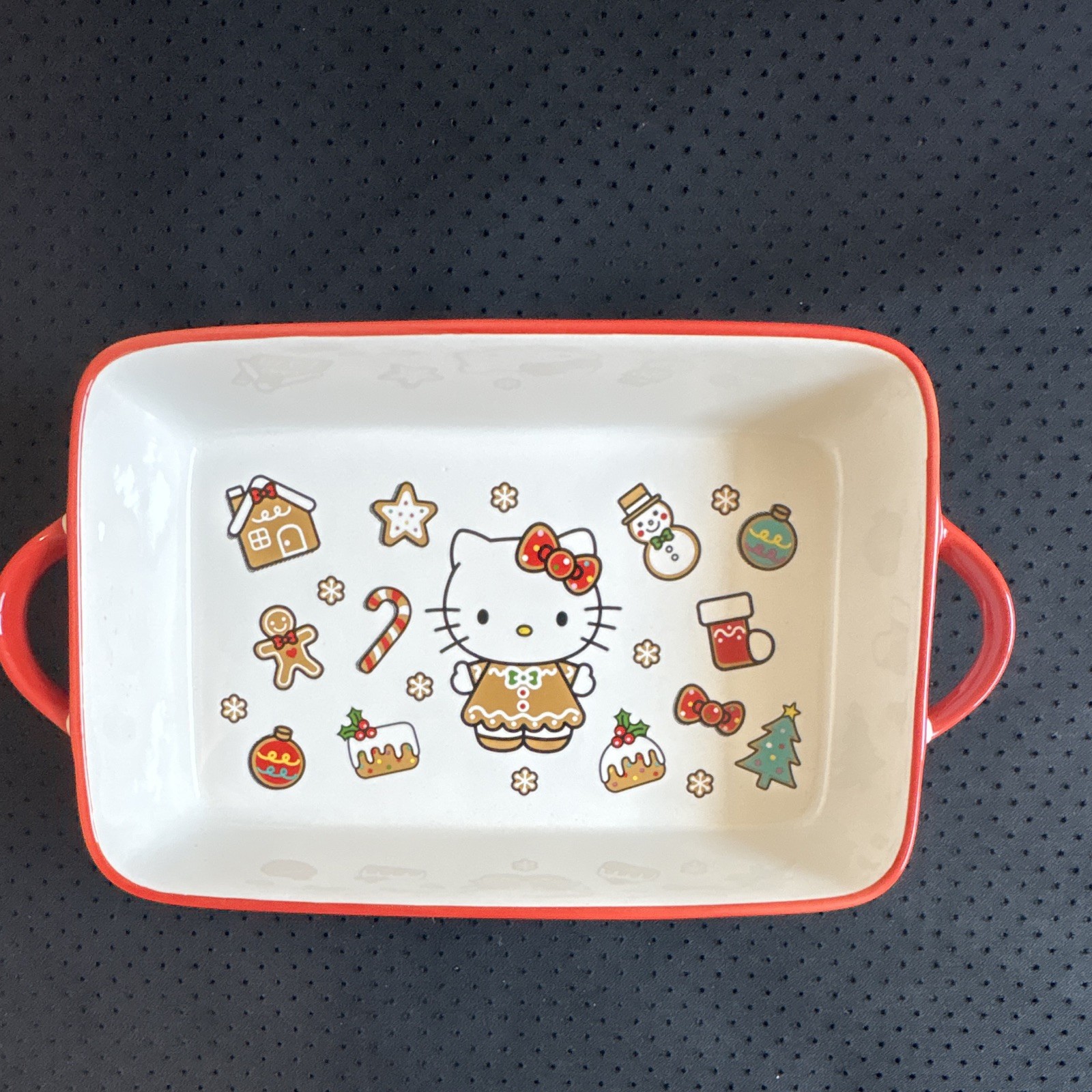 Hello Kitty Christmas Ceramic Rectangular Casserole Dish, White/Red Handles