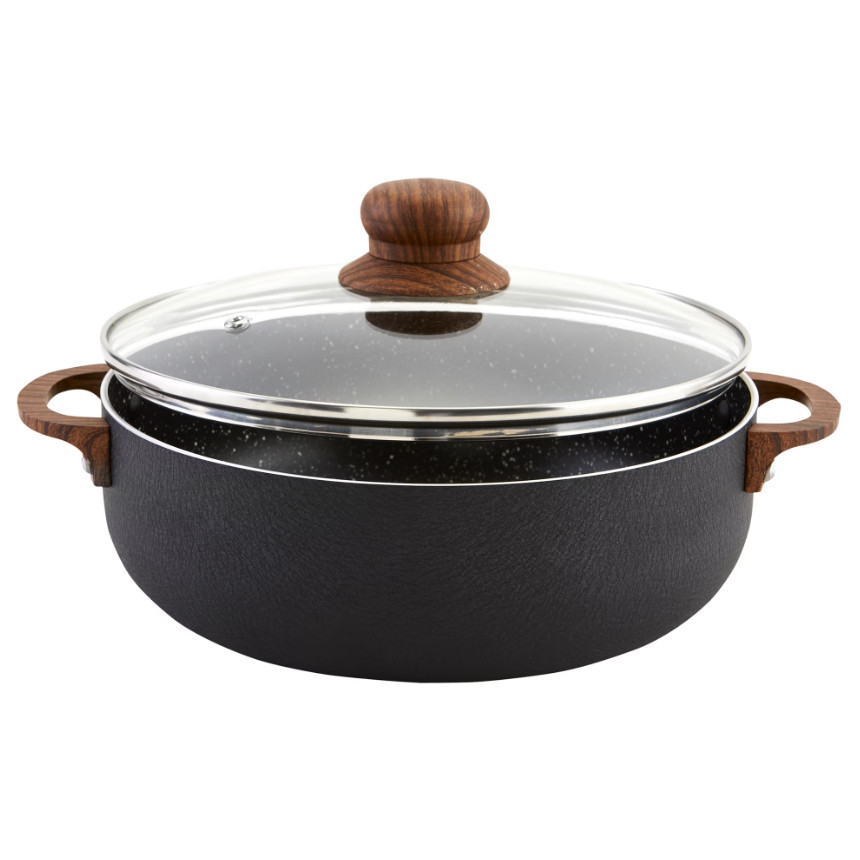 4.4QT Black Nonstick Caldero Aluminum Speckled Pot Glass Lid Wood Handle Cookwar
