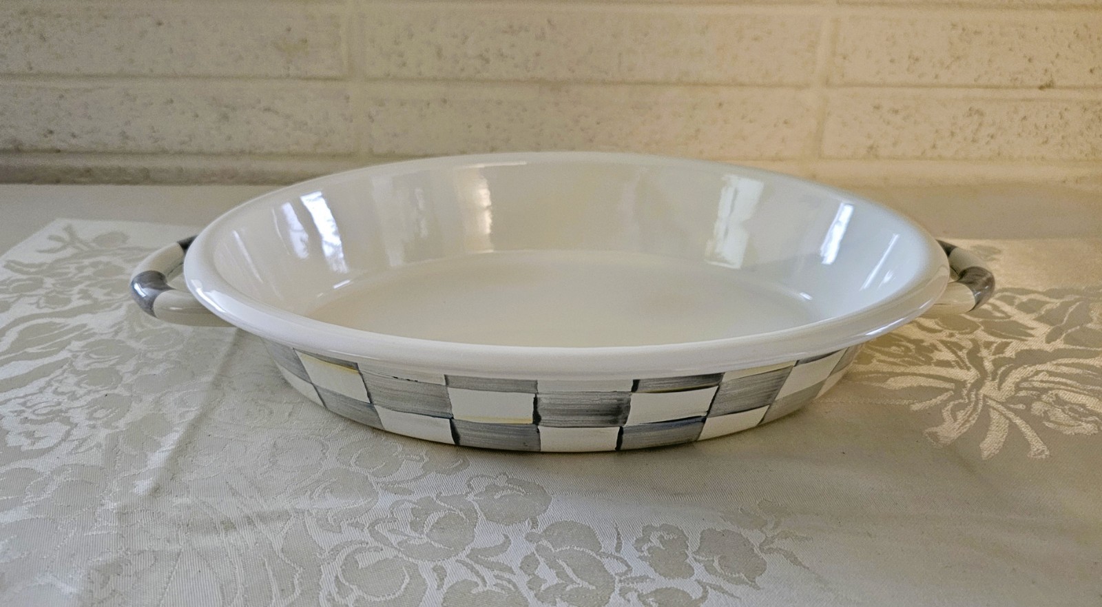 Mackenzie Childs STERLING CHECK ENAMEL MEDIUM OVAL GRATIN DISH Hand-Painted