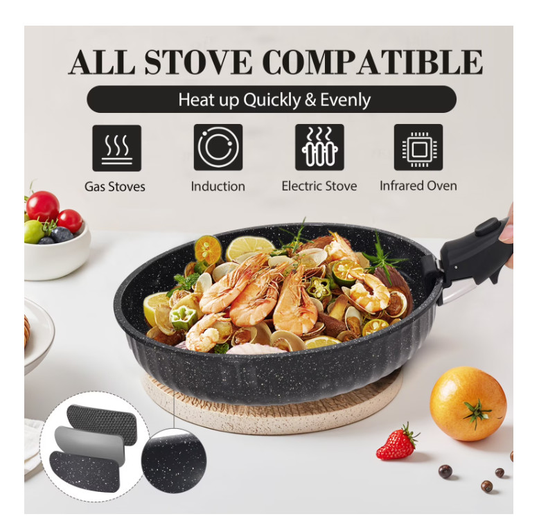11pc Nonstick Cookware Set Removable Handle Induction Stackable Granite